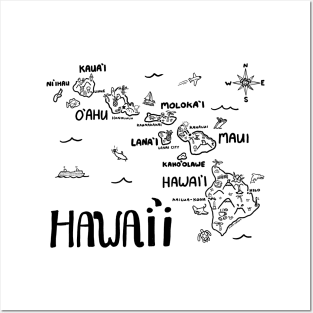 Hawaii Illustrated Map Black and White Posters and Art